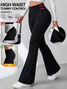 Women's Slimming Sweatpants Tummy Control Butt Lifting Pockets Pants Workout Yoga Gymnastics Outdoor Leggings Flared Tight - Black - View 11