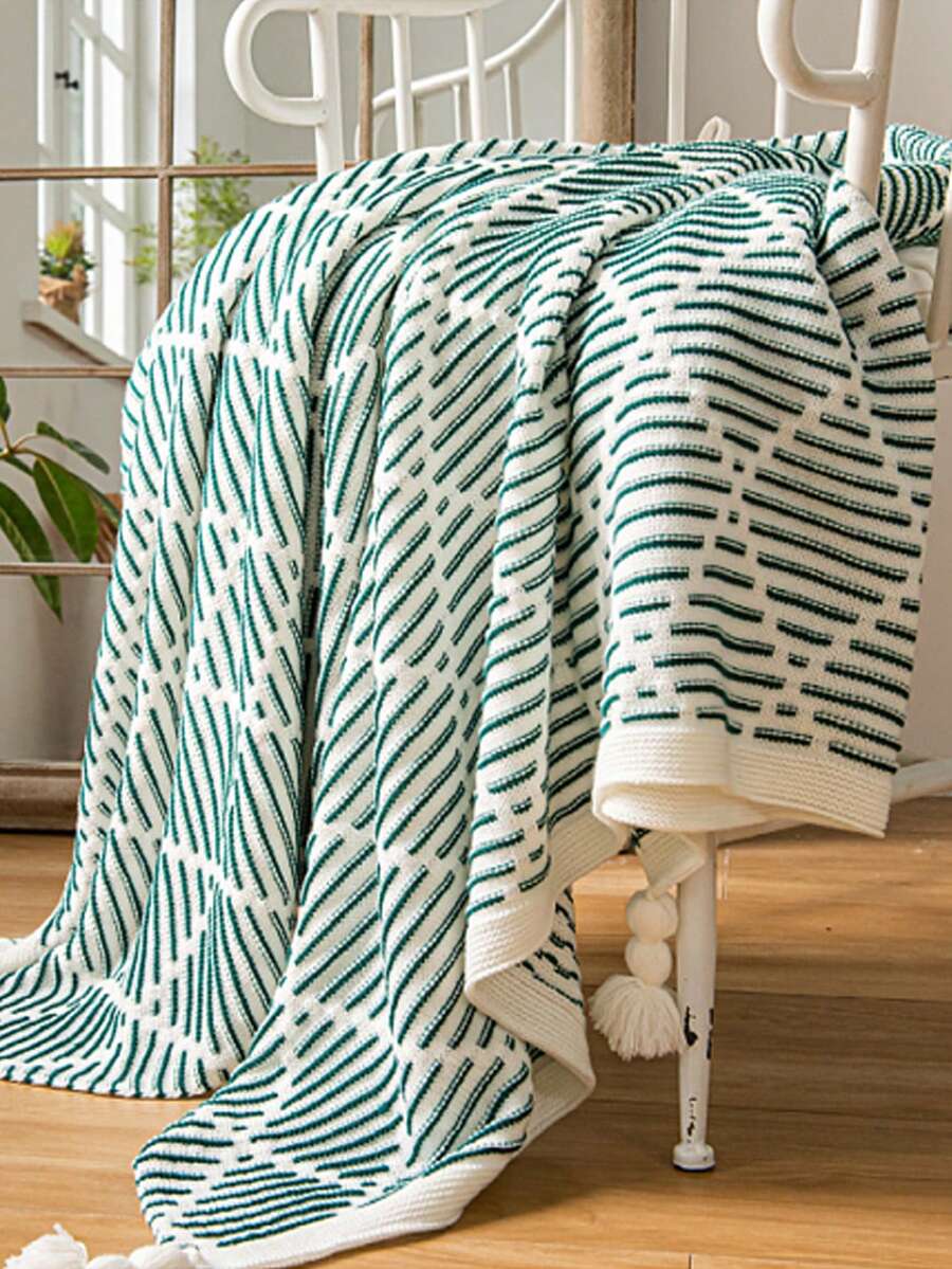1pc Striped Knitted Bed Blanket, Modern Style Acrylic Rectangular Color Block Bed Throw, Office Nap Blanket Suitable For Daily Use - Green and White With Fine Lines and Ball - View 1