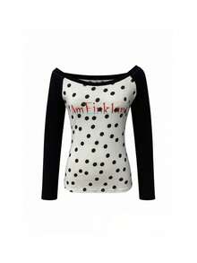 American Style Hot Girl Polka Dot Contrast Color Cold Shoulder Long Sleeve T-Shirt Women's Autumn Slim Fit Cold Shoulder Base Layer Top Black - Black - View 5