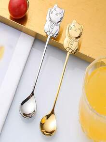 1/3pcs Stainless Steel Lucky Cat Coffee Spoon, Stirring Spoon Ice Cream Dessert Spoon Suitable For Home, Cafe, Dessert Shop - Multicolor - View 3