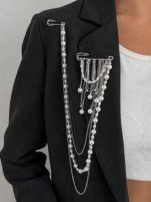 2pcs Faux Pearl Bow Hem Chain Decoration Fashion Metal Brooch Pants Shortening Accessory Versatile Multi-Function Women's Brooch Pin - White Pearl - View 3