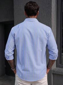 Men's Casual Woven Simple Blue & White Striped Shirt - Baby Blue - View 4