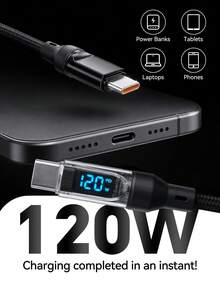 EIGIIS 1/2pcs 120W Super Fast Charging USB A To Type-C Data Cable With LED Display, Matte Texture, Supports Data Sync And PD Fast Charging, 6A High Current, Suitable For Phone - Black, Smartphone And Device Charging Adapter, USB Charging Cable - Black - View 4