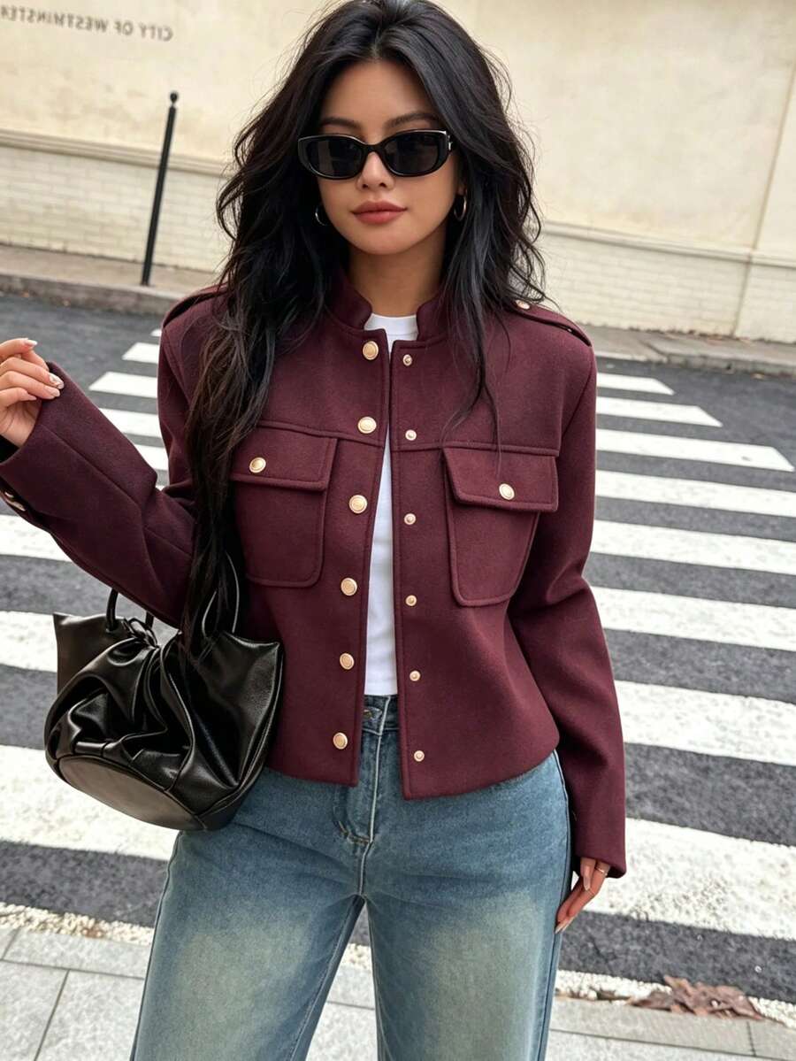 DEEKA Autumn/Winter New Women's Jacket, European And American Style French Design Fashion Versatile Soft Burgundy Wool Blend Short Blazer Coat Fall - Wine Red 1 - View 1