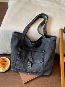 Fashionable Textured Large Capacity Denim Tote Bag, Casual Convenient Versatile Women's Handbag, Daily Commute Shopping Travel Shoulder Bag - Multicolor - View 12