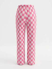 Women's Spring/Autumn New Fashionable Minimalist Checkerboard Print Casual Pants, Personalized Niche Loose Wide-Leg Trousers Suitable For Work, Commute, Office, Travel, Party, School, Home, Daily Versatile Wear - White Pink - View 5