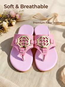 Pink Gold Metal Ornament Girls Flip-Flops Thong Sandals Soft Breathable Premium Faux Leather Summer Beach Shoes - Pink - View 1