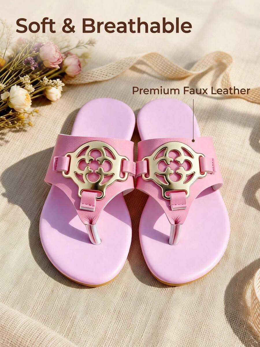 Pink Gold Metal Ornament Girls Flip-Flops Thong Sandals Soft Breathable Premium Faux Leather Summer Beach Shoes - Pink - View 1