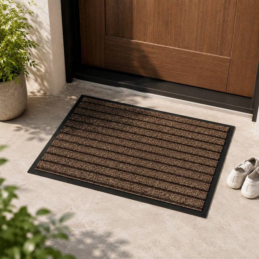 Felpudo Entrada Casa, Alfombrilla Retangular Absorbente con Base de Goma,Atrapa Suciedad y Humedad, para Interior y Exterior, Puerta, Pasillo y Terraza - PVC+POL. - rayas MARRON - Ver 1