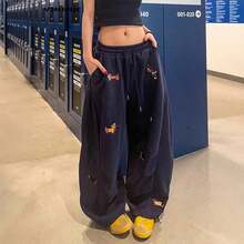 Pantalones para mujer, pantalones deportivos holgados de color azul marino con bordado de perro teckel, cintura alta con cordón elástico, corte amplio, pantalones deportivos informales. - A - Ver 3