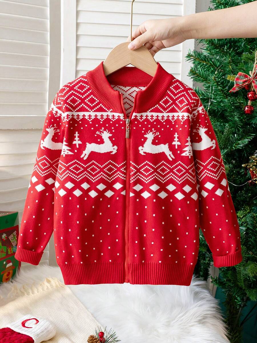 Boys' Casual Colorblock Christmas Reindeer Stand Collar Knit Cardigan Sweater, Long Sleeve, Suitable For Christmas, Daily Wear, Spring, Autumn, Winter - Red - View 1