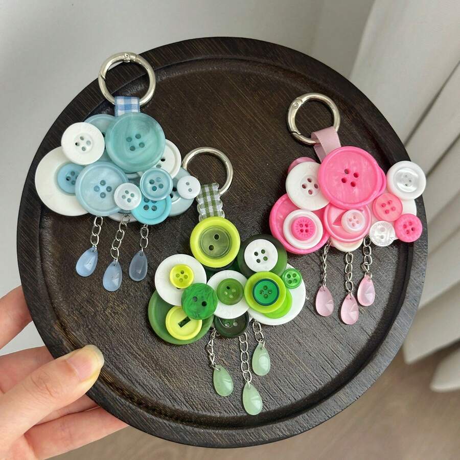Handmade Button Cloud Keychain, Colorful Dopamine Bag Charm With Beaded Tassel, Cute Creative Pendant For Handbag Backpack Accessories