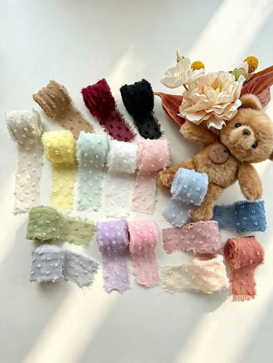 Multi-Color Pom Pom Textured Tassel Chiffon Ribbon, Frayed Edge Fabric Satin Ribbon, Suitable For Gift Wrapping, Wedding Bouquet Bows, Hair Accessories, Party Handmade Decorations - Multicolor - View 1