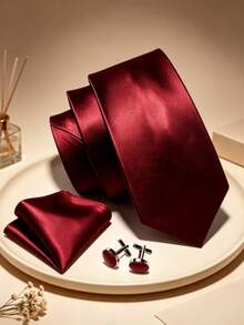 1pc Barry Wang Silk Men's Tie Set, Gold & Dark Green Solid Color Tie, Pocket Square, Cufflinks Set, Wedding, Business, Banquet - Burgundy - View 1