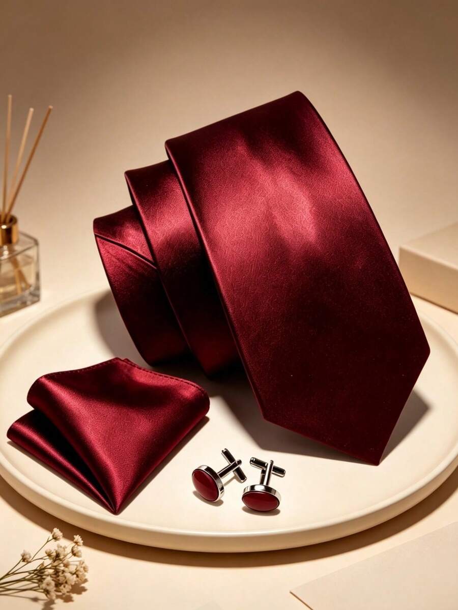 1pc Barry Wang Silk Men's Tie Set, Gold & Dark Green Solid Color Tie, Pocket Square, Cufflinks Set, Wedding, Business, Banquet - Burgundy - View 1