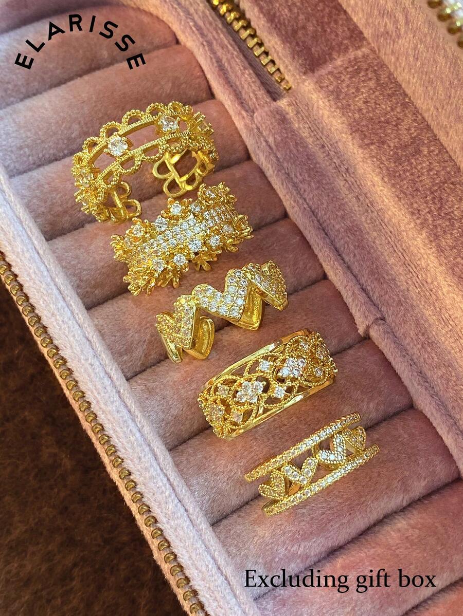 5pcs Fashionable Glamorous Cubic Zirconia Heart Rings Set Suitable For Women Party Wear (No Gift Box)