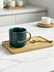 Premium Coffee Mug Gift Kit, Ceramic Cup, Bamboo Serving Tray & Metal Spoon, Exquisite Gold‑Detail Letter Print, Heat‑Resistant Porcelain Drinkware, Random Color, Ideal Table Decor Set For Home Use, Birthday And Holiday Gift‑Giving - Multicolor - View 2