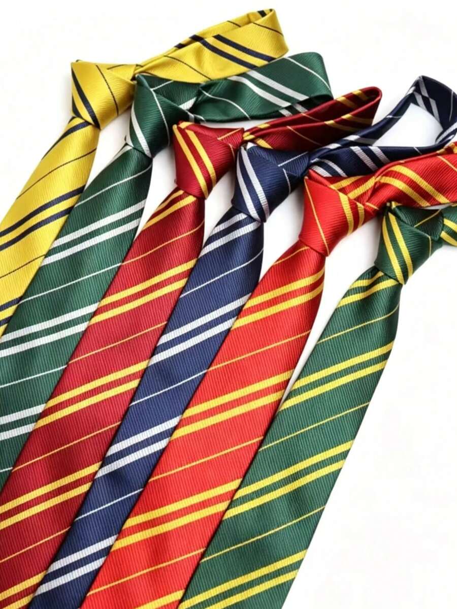 1pc Striped Casual Polyester Dark Green & Burgundy Handmade Tie, Suitable For All Seasons - Multicolor - View 1