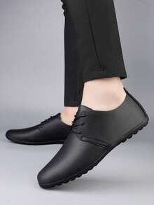 Men's Black Commuter Microfiber Leather Lace-Up Loafers, Outdoor Spring/Autumn, Non-Slip, Wear-Resistant - Black - View 3