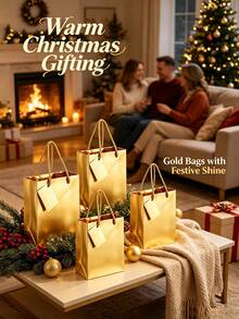 Shiny Metallic Gold Waterproof Gift Bags With Hang Tags, Twisted Handle Luxury Present Wrapping Bags For Christmas Holiday Gift Giving - Multicolor - View 2