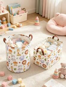 Cartoon Animal Print Fabric Storage Basket, Foldable Handheld Storage Box, Baby Toy & Clothing Organizer, Nursery Sundries Storage Bin - Multicolor - View 2