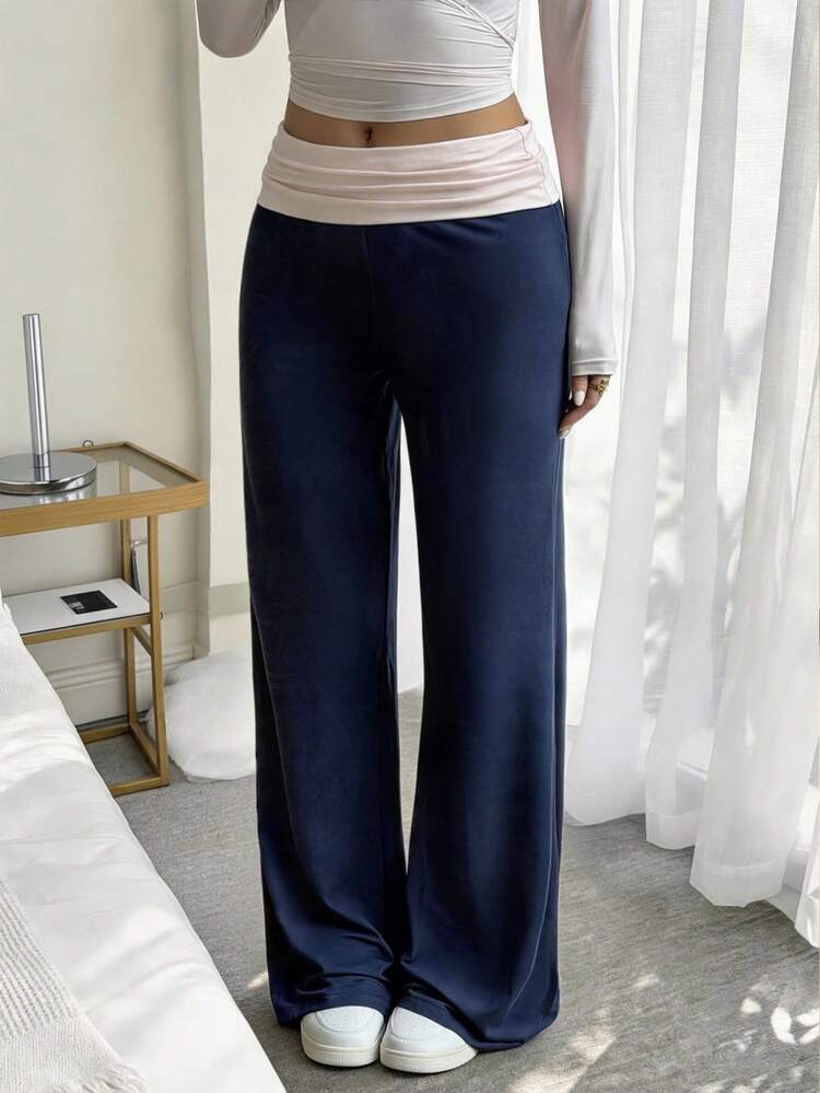 SCARLUX Summer & Autumn Y2K Women's Solid Navy Blue Flare Pants