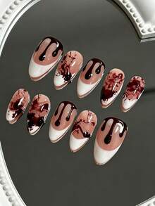10pcs Handmade Almond Shape 3D Gel Press-On Nails, Halloween Horror Blood Drip & Splatter Gothic Style Fake Nails, Reusable Women's Funny Costume Nail Tips - Red - View 7