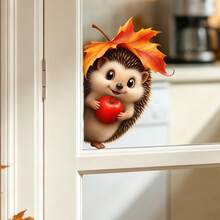 1/2pcs Cute Hedgehog Window Stickers, Adorable Animal With Maple Leaf And Apple Design, Waterproof Easy-To-Peel Static Cling, Suitable For Bedroom, Room, Kitchen, Bathroom Mirror, Balcony Window, Warm Healing Countryside Pastoral Home Decor, Holiday Decoration - Multicolor - View 7