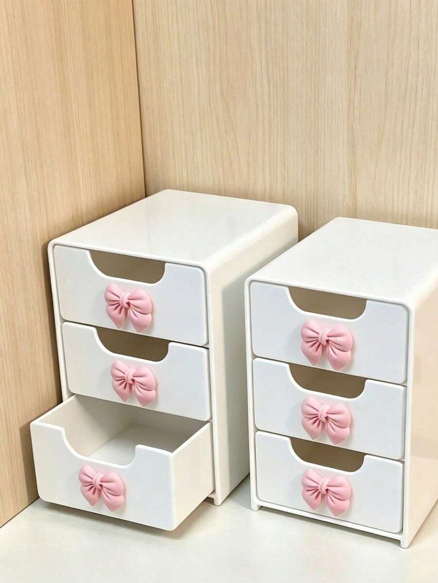 1 buah Kotak Penyimpanan Laci Mini Meja dengan Dekorasi Pita Merah Muda, Organizer Perhiasan & Kosmetik Plastik Berlapis, Penyimpanan Meja Tanpa Listrik, Cocok untuk Meja Rias, Kamar Tidur, Kantor, Dapat Menyimpan Berbagai Barang Sehari-hari, Ideal untuk Rumah, Kamar, Kamar Tidur, Meja Rias, Organizer Meja yang Sempurna - MultiWarna - View 1
