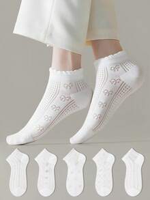 ZUJO 5 Pairs White Women's Bow Ruffle Short Socks, Cute Bow Pattern, Breathable And Comfortable, Suitable For Spring, Summer And Autumn, Random Color - White - View 1
