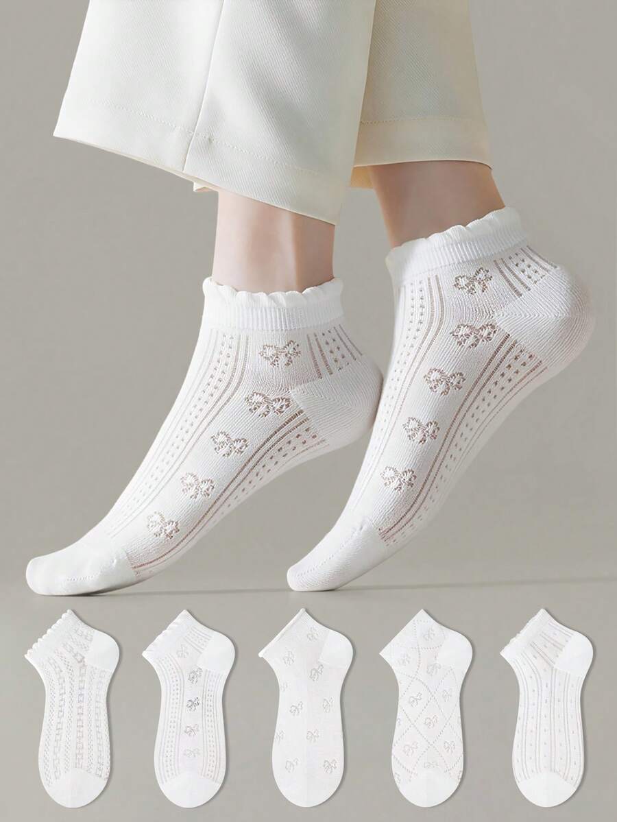 ZUJO 5 Pairs White Women's Bow Ruffle Short Socks, Cute Bow Pattern, Breathable And Comfortable, Suitable For Spring, Summer And Autumn, Random Color - White - View 1