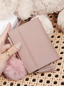 Ladies' Fashionable Short Zipper Wallet, With A Pom-Pom Charm, Portable Card Wallet With Tassel Decoration, Suitable For Daily Storage And Travel - Lilac Purple - View 2