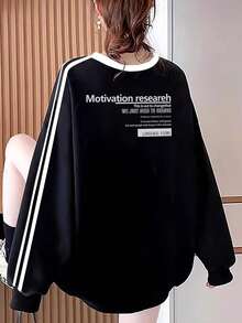 Women's Minimalist Black Contrast Stripe Letter Print Simple Personalized Versatile Loose Casual Comfortable Home Daily Commute Crew Neck Long Sleeve Sweatshirt - Black - View 1