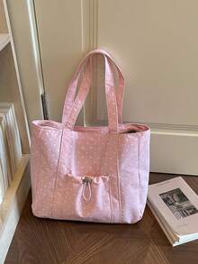 Solid Color Large Capacity Minimalist Shopping Tote Bag, Polka Dot Pattern Tote Bag, Shopping Bag, Drawstring Closure Tote Bag - Pink - View 3