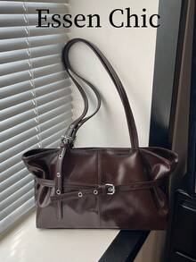 1pc Coffee Brown Large Capacity Solid Color PU Patchwork Tote Bag Women's Shoulder Bag - Coffee Brown - View 8