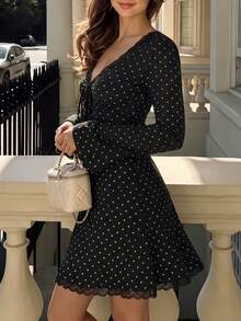 minisummer Women Elegant Autumn Polka Dot Long Sleeve Mini Dress, V Neck Lace Trim Drawstring Ruched Flared Sleeve A Line Dress - Black and White - View 6