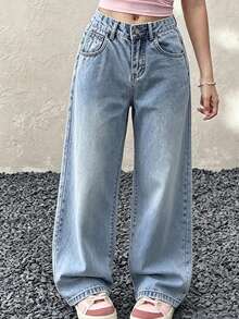 Girls' Vintage Washed Straight-Leg Jeans, Classic Jeans, Casual Everyday Kids' Jeans, Single Piece - Light Blue - View 2