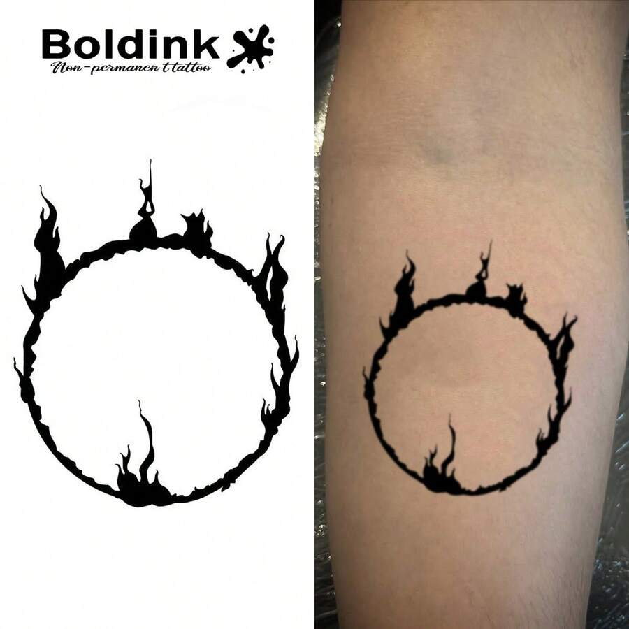 Boldink 1PC Fire Ring Silhouette Temporary Tattoo Sticker, Waterproof Body Art Tattoo Sticker, Lasts 1-2 Weeks, Plant Juice Formula, And Gentle, Non-Irritating, Perfect For Daily Outfit, Body Decoration, Chinese Style Gift For Men And Women, Must-Have For People - Black - View 1