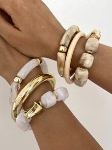 3pcs Vintage Exaggerated Glamorous ABS Resin Gold Bangle And Beige Elastic Bracelet Set Suitable For Women Daily Wear, Party, Date, Wedding, Festival, Gift - Multicolor - View 5