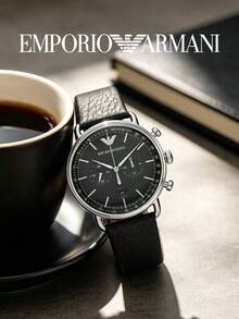 Armani Men's Aviator Chronograph Quartz Watch, Black Dial, Genuine Leather Strap, 50m Water Resistant, Tachymeter, AR11143 - Silver - View 1
