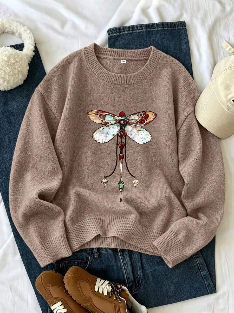 Autumn/Winter Plus Size Women's New "Vintage Mechanical Dragonfly" Pattern Print, Soft Knit Fashion Round Neck Sweater, Machine Washable - Khaki - View 1
