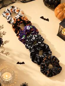 6pcs Girls Halloween Scrunchies,Pumpkin Skull Pattern Hair Ties,Fashion Festival Hair Ties For Girls Kids,Halloween Hair Accessories,Party - Multicolor - View 3
