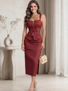 2-PIECE SET CAMI TOP WITH ZIPPER + ELEGANT CHIC LONG SKIRT WITH SIDE SLIT. - 紅色 - 查看 2