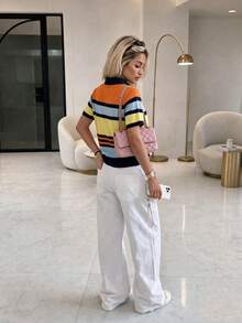 FOR BEAUTY Summer Y2K Women's Multi-Color Striped Knit Polo Top, Short Sleeve Front Button Ribbed Pullover, Preppy Casual Streetwear Style, Daily Wear - Orange and Blue - View 8