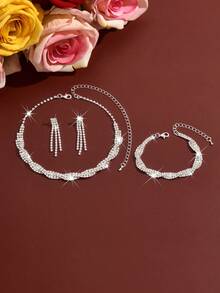 Luxury High-End Multi-Layer Full Rhinestone Necklace 3 Pieces Set, Bridal Wedding Banquet Party Dress Full Accessory Set - 499801 Silver-hB - View 4