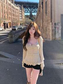 Knitted Textured Patchwork Sexy Style Tie Square Neck Cable Knit Pullover Sweater - Apricot - View 3
