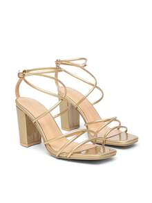 French Luxury Gold Wrap Strap Sandals, Square Toe Open Toe, Multi-Layer Thin Straps Around Ankle, Metal Buckle Adjustable, Stable Chunky Heel Moderate Height, Shiny Gold High-End Elegant, Suitable For Evening Party, Wedding, Birthday Gathering, Pair With Formal Dress, Easily Create Atmosphere, Soft Footbed, Reduce Friction, Flatter Foot Shape And Slimming, Versatile For Commute, Date And Other Occasions - Gold - View 5