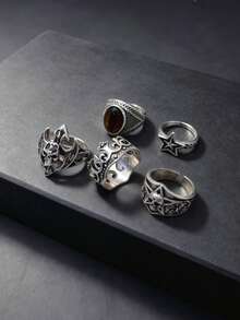 11pcs/Set Unisex Vintage Punk Gothic Skull Geometric Bat Crown Ring Set, Personalized Hip-Hop Style Party Gift Daily Jewelry Accessories - 11-piece Vintage Punk Ring Set - View 5