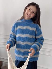 Girls' & Teens' Colorblock Striped Mock Neck Faux Mink Fur Knit Sweater, Casual Warm Top - Blue - View 1
