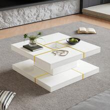 Minimalist Coffee Table / Two-Tier Coffee Table Made Of Particle Board / Open Storage Top And Bottom / With A Groove In The Middle / Easy To Clean / Suitable For Living Room, Study / White - White - View 4